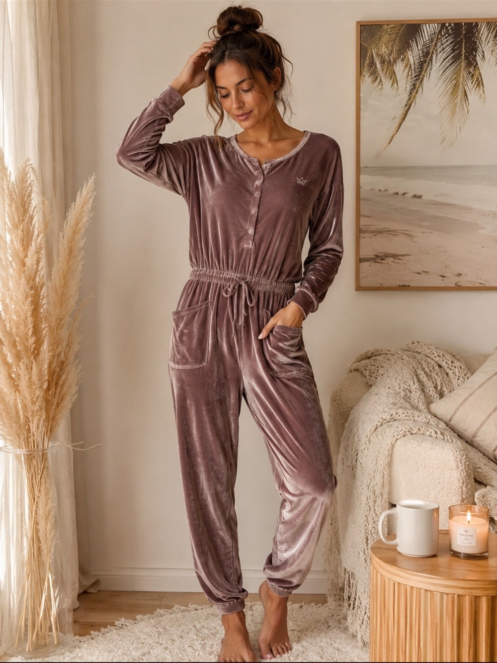 Velvet Lounge Jumpsuit Women’s Mauve Taupe Resort Loungewear OnePiece CozyOutfit